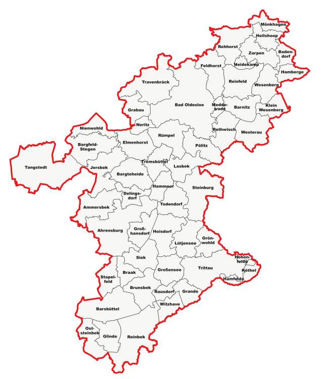 Gemini hat gesagt Hier ist die Beschreibung für das letzte Bild (die Landkarte): Detaillierte Karte des Landkreises Stormarn mit markierten Gemeindegrenzen und Ortsnamen, rot umrandet auf hellem Hintergrund