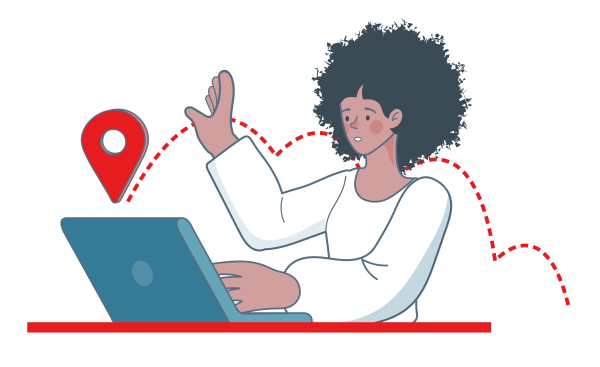 Illustration einer Frau mit dunklen Locken, die an einem blauen Laptop arbeitet, mit einem roten Standort-Pin im Hintergrund