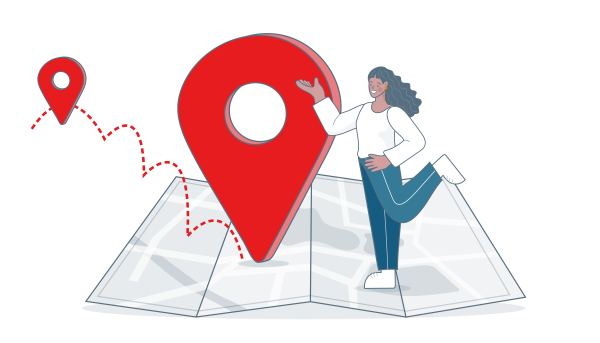 Illustration einer lächelnden Frau, die neben einem riesigen roten Standort-Pin auf einer auseinandergefalteten Landkarte steht
