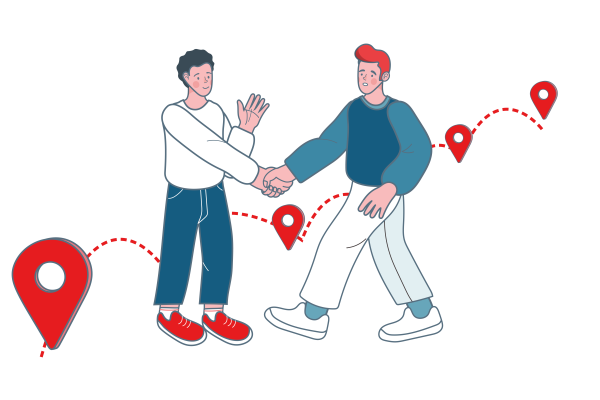 Illustration von zwei Männern, die sich die Hände schütteln, während im Hintergrund eine Pfad-Linie mit mehreren roten Standort-Pins verläuft