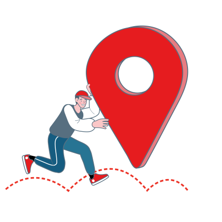 Illustration eines Mannes mit roter Kappe, der einen riesigen roten Standort-Pin vor sich herrollt, während er über eine gestrichelte Pfad-Linie läuft